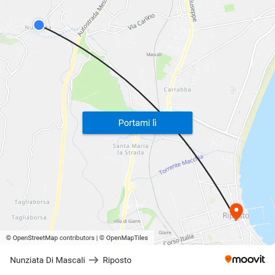 Nunziata Di Mascali to Riposto map