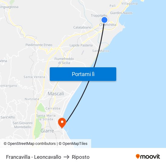Francavilla - Leoncavallo to Riposto map
