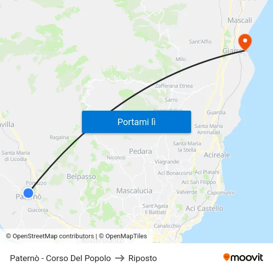 Paternò - Corso Del Popolo to Riposto map