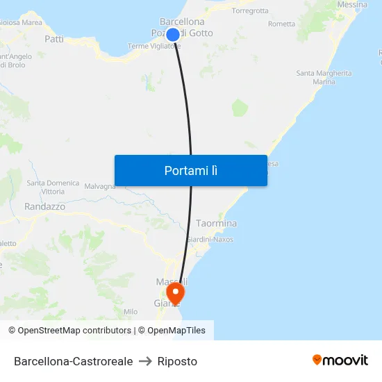 Barcellona-Castroreale to Riposto map