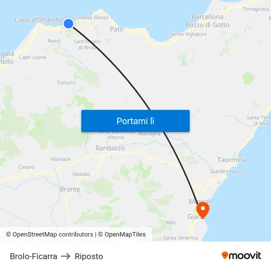 Brolo-Ficarra to Riposto map