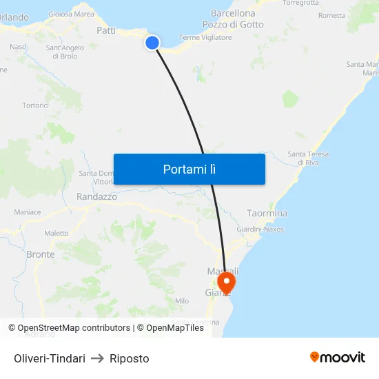 Oliveri-Tindari to Riposto map