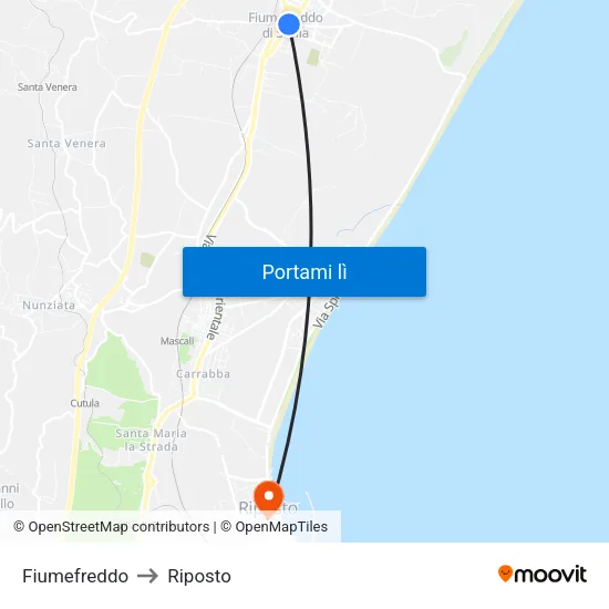 Fiumefreddo to Riposto map