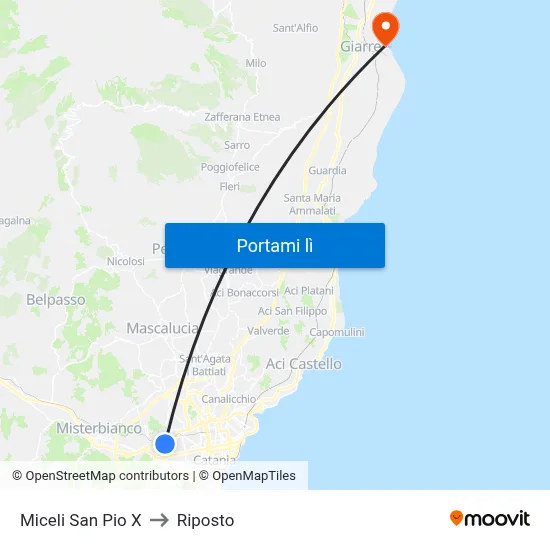 Miceli San Pio X to Riposto map