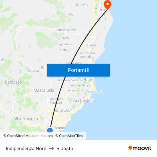 Indipendenza Nord to Riposto map