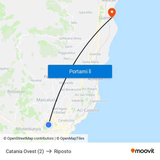 Catania Ovest (2) to Riposto map