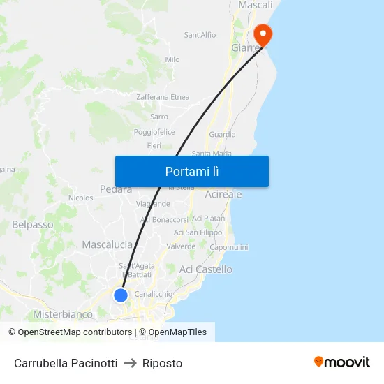 Carrubella Pacinotti to Riposto map