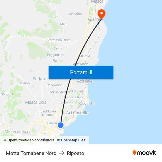 Motta Tornabene Nord to Riposto map