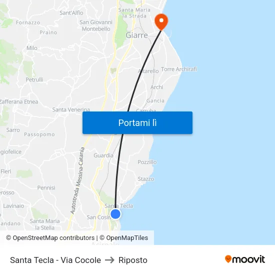 Santa Tecla - Via Cocole to Riposto map