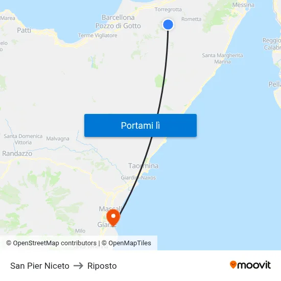 San Pier Niceto to Riposto map