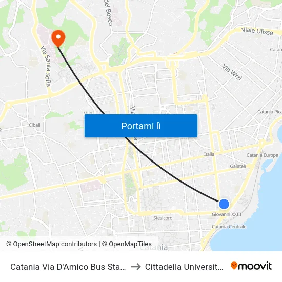 Catania Via D'Amico Bus Station to Cittadella Universitaria map
