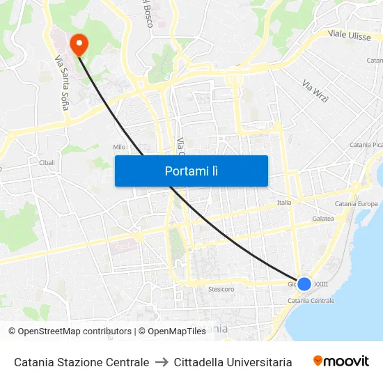 Catania Stazione Centrale to Cittadella Universitaria map