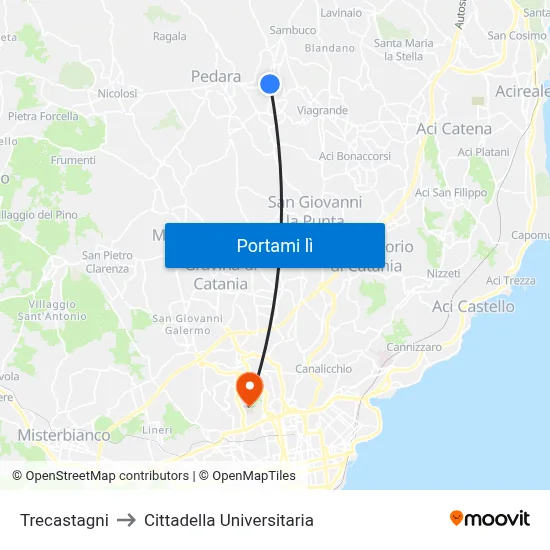 Trecastagni to Cittadella Universitaria map