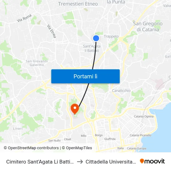 Cimitero Sant'Agata Li Battiati to Cittadella Universitaria map