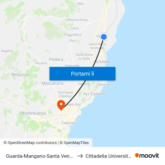 Guarda-Mangano-Santa Venerina to Cittadella Universitaria map