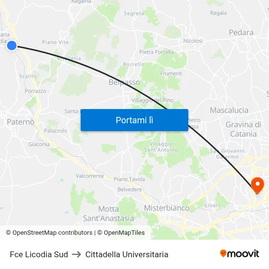 Licodia Sud to Cittadella Universitaria map