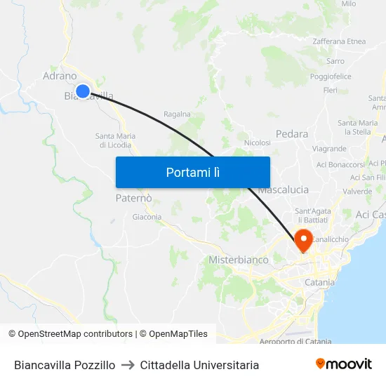 Biancavilla Pozzillo to Cittadella Universitaria map