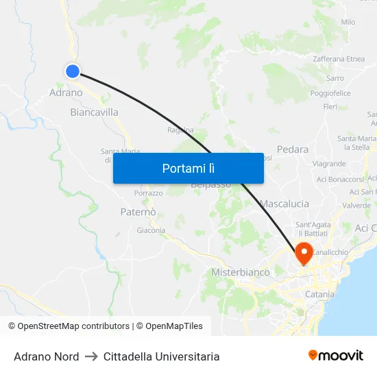 Adrano Nord to Cittadella Universitaria map