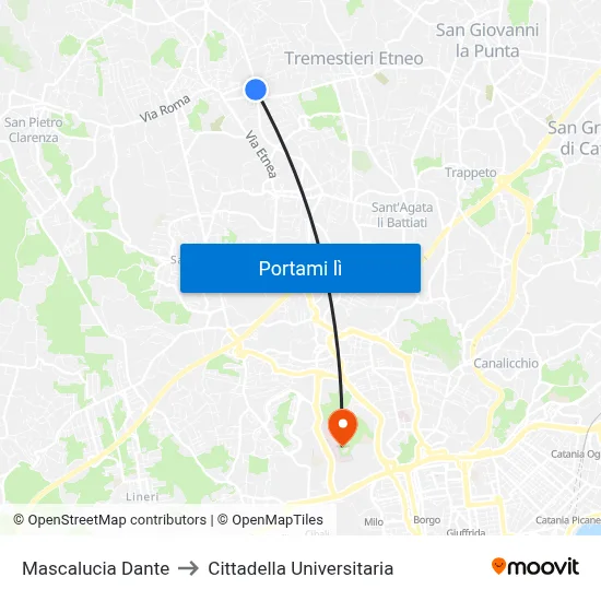 Mascalucia Dante to Cittadella Universitaria map