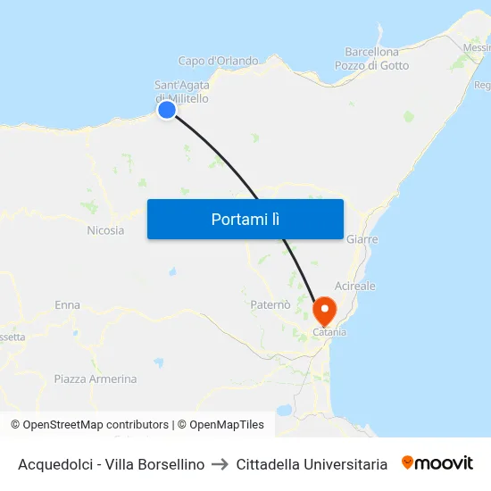 Acquedolci - Villa Borsellino to Cittadella Universitaria map