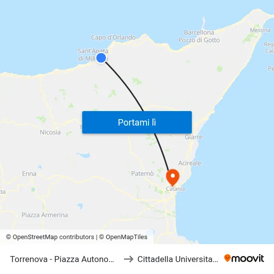 Torrenova - Piazza Autonomia to Cittadella Universitaria map