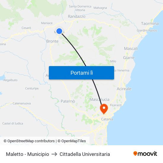 Maletto - Municipio to Cittadella Universitaria map