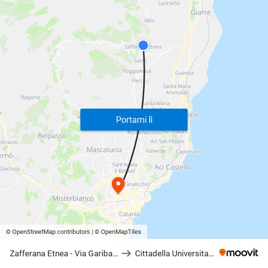 Zafferana Etnea - Via Garibaldi to Cittadella Universitaria map