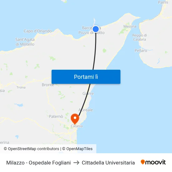 Milazzo - Ospedale Fogliani to Cittadella Universitaria map