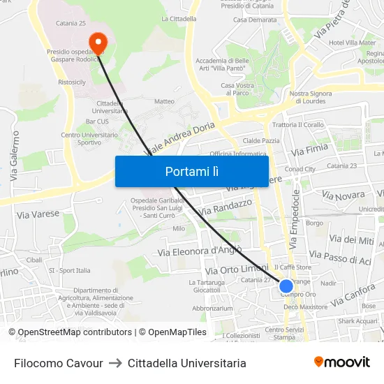 Filocomo Cavour to Cittadella Universitaria map