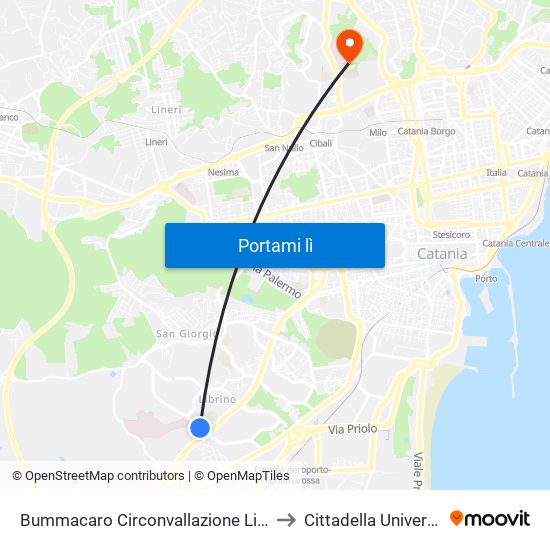 Bummacaro Circonvallazione Librino Est to Cittadella Universitaria map