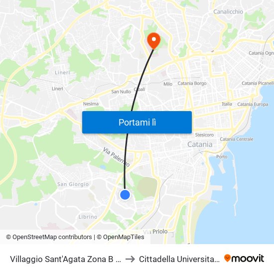 Villaggio Sant'Agata Zona B (2) to Cittadella Universitaria map