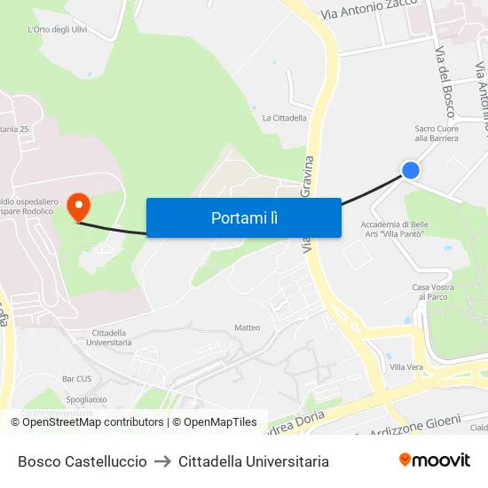 Bosco Castelluccio to Cittadella Universitaria map