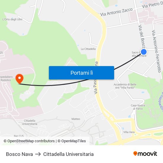 Bosco Nava to Cittadella Universitaria map
