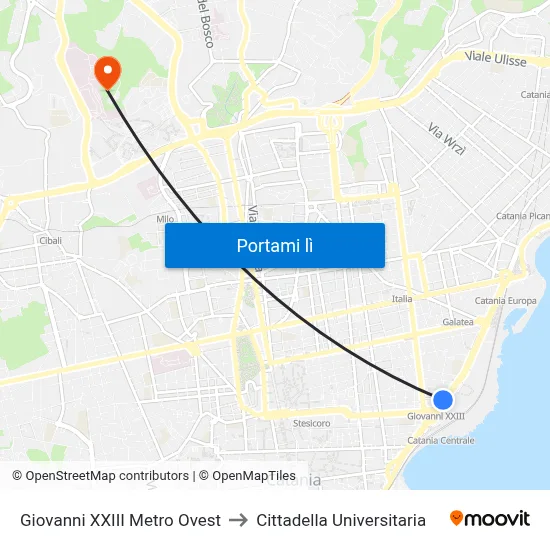 Giovanni XXIII Metro Ovest to Cittadella Universitaria map