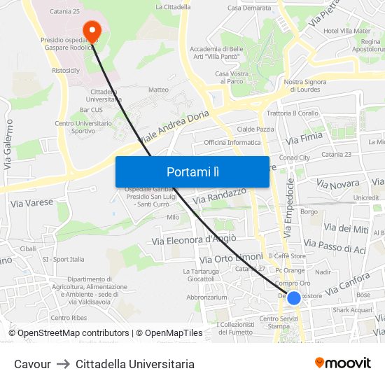 Cavour to Cittadella Universitaria map