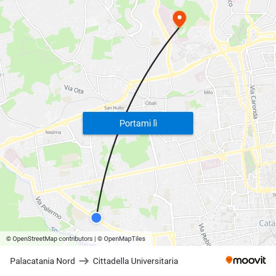 Palacatania Nord to Cittadella Universitaria map