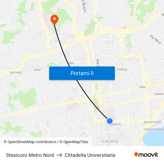 Stesicoro Metro Nord to Cittadella Universitaria map