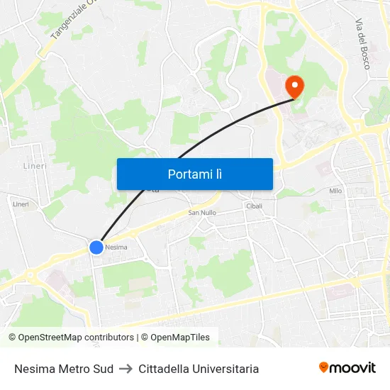 Nesima Metro Sud to Cittadella Universitaria map