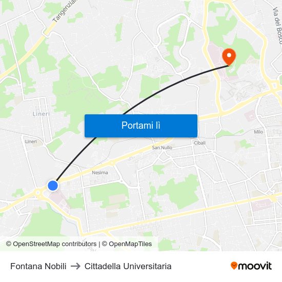 Fontana Nobili to Cittadella Universitaria map