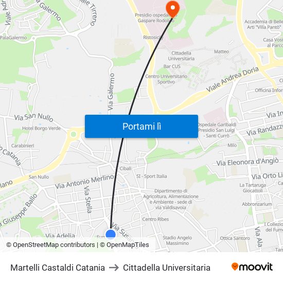 Martelli Castaldi Catania to Cittadella Universitaria map