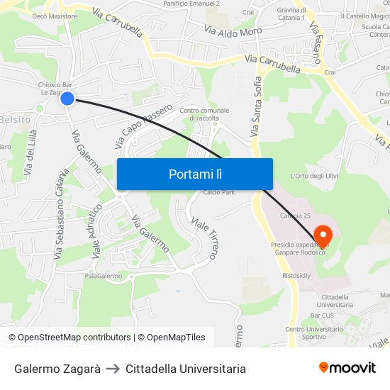 Galermo Zagarà to Cittadella Universitaria map