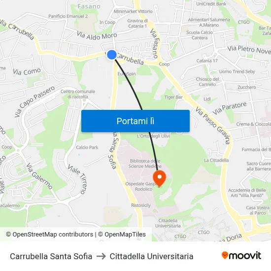 Carrubella Santa Sofia to Cittadella Universitaria map