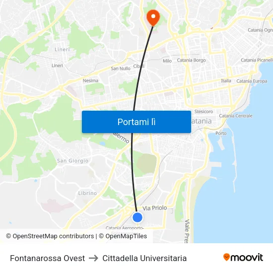 Fontanarossa Ovest to Cittadella Universitaria map