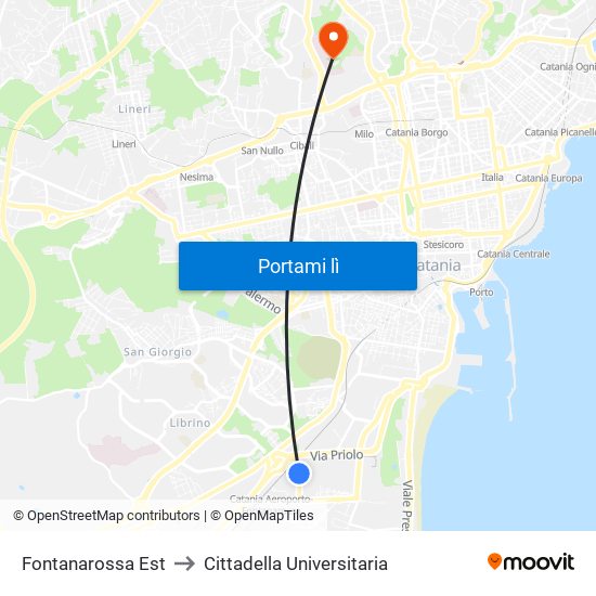 Fontanarossa Est to Cittadella Universitaria map