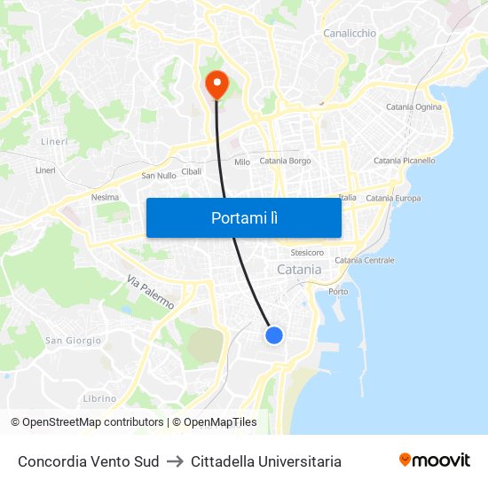 Concordia Vento Sud to Cittadella Universitaria map