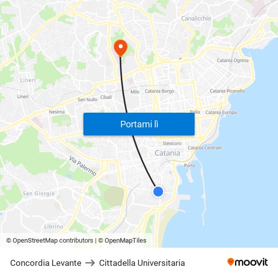 Concordia Levante to Cittadella Universitaria map