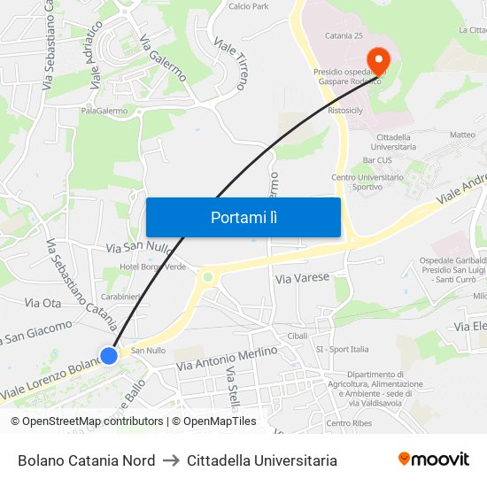 Bolano Catania Nord to Cittadella Universitaria map