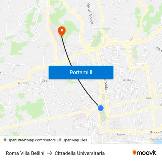 Roma Villa Bellini to Cittadella Universitaria map