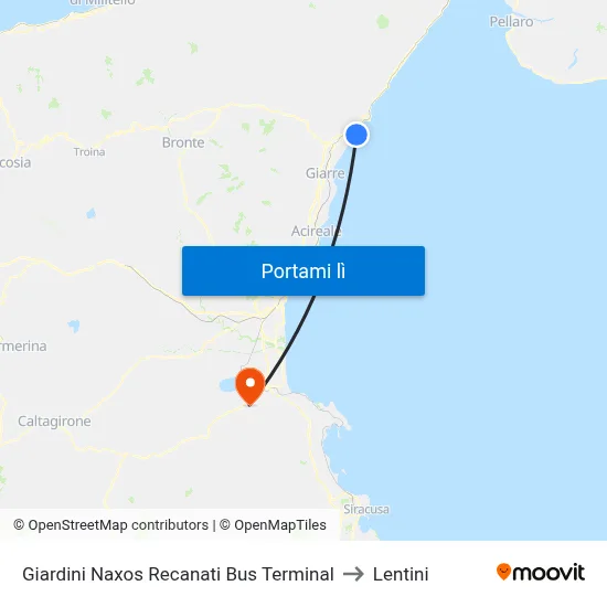 Giardini Naxos Recanati Bus Terminal to Lentini map