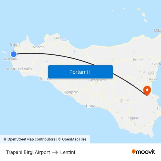 Trapani Birgi Airport to Lentini map